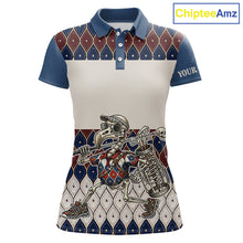 Load image into Gallery viewer, Custom Blue Red Argyle Womens Golf Polo Shirt Skull Flamingo Design, Personalized Team Name Shirt NHT794