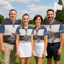 Load image into Gallery viewer, Custom Blue Red Argyle Womens Golf Polo Shirt Skull Flamingo Design, Personalized Team Name Shirt NHT794