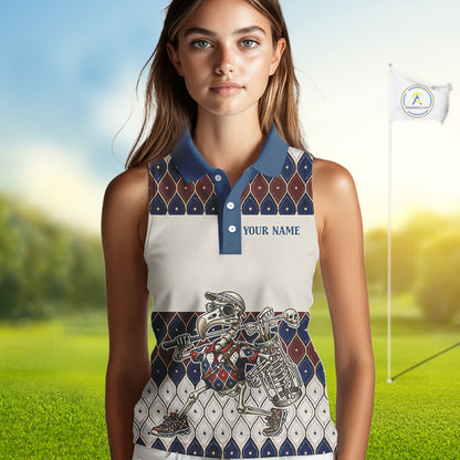 Custom Blue Red Argyle Sleeveless Womens Golf Polo Shirt Skull Flamingo Design, Personalized Team Name Shirt NHT794