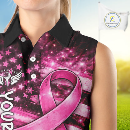 Personalized Breast Cancer Awareness Sleeveless Women Polo Shirt American Flag Pink Ribbon – Golf Gift For Women NHT799