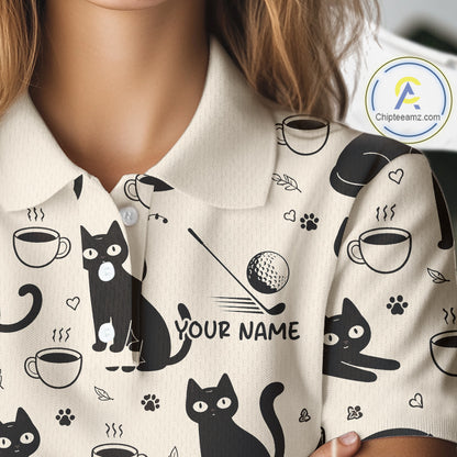 Personalized Black Cat Lover Golf Polo Shirt – Custom Name Cute Cat Pattern Shirt For Women NHT801