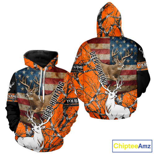 Deer Hunting Shirt Personalized 3D All Over Print Orange Camo With US Flag Hunting Clothes NHT156