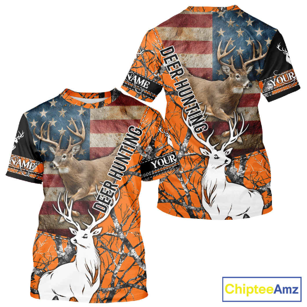 Deer Hunting Shirt Personalized 3D All Over Print Orange Camo With US Flag Hunting Clothes NHT156