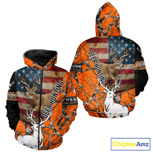 Deer Hunting Shirt Personalized 3D All Over Print Orange Camo With US Flag Hunting Clothes NHT156