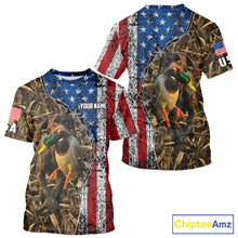 Load image into Gallery viewer, Mallard Duck Hunting Shirt Personalized Camo With German Shorthaired Pointer US Flag Clothes NHT160
