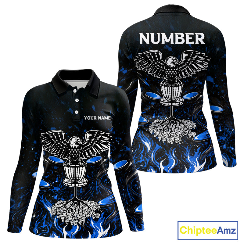 Personalized Womens Disc Golf Polo Shirt With Eagle Design, Customizable Name, Unisex Sports Jersey For Womens |Blue NHT811
