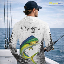Load image into Gallery viewer, Custom Name Mahi Mahi Fishing Long Sleeve Hooded Performance Shirt, Dolphin Gift For Men 