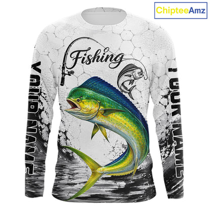 Custom Name Mahi Mahi Fishing Long Sleeve Performance Shirt, Dolphin Gift For Men NHT1121