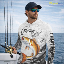Load image into Gallery viewer, Custom Name Redfish Fishing Long Sleeve Hooded Performance Shirt, Red Drum Gift For Men 