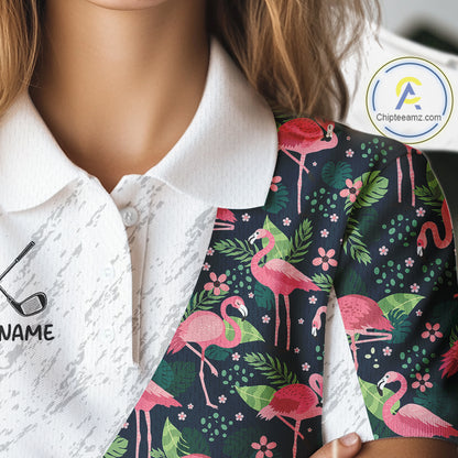 Flamingo Womens Golf Polo Shirts, Colorful Tropical Flamingo Pattern, Tropical Golf Shirt NHT590