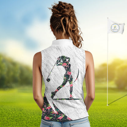 Flamingo Womens Sleeveless Golf Polo Shirts, Colorful Tropical Flamingo Pattern, Tropical Golf Shirt NHT590