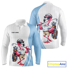 Load image into Gallery viewer, Blue Funny Flamingo Polo Shirt, Golf Polo Shirts Custom Name, Flamingo Golf Shirts For Men NHT594