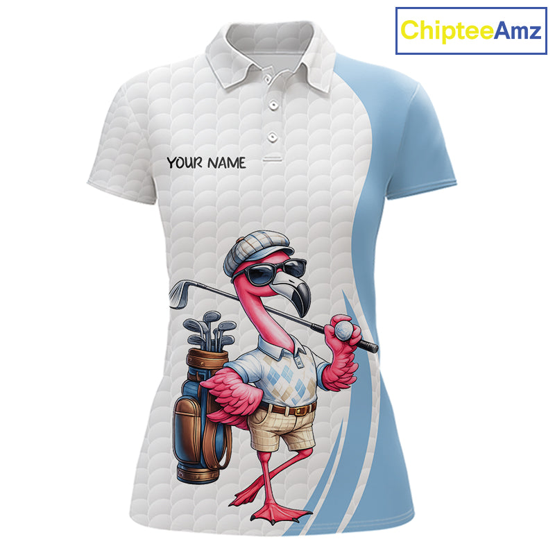 Blue Funny Flamingo Polo Shirt For Womens, Golf Polo Shirts Custom Name, Flamingo Golf Shirts NHT594