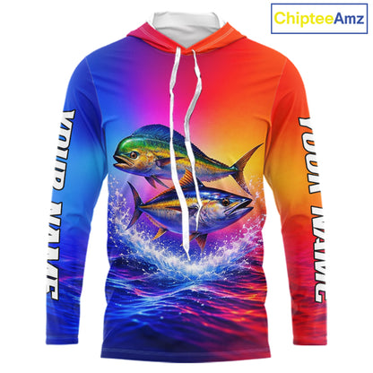 Personalized Mahi Mahi, Tuna Neon Performance Hooded Fishing Shirt, Offshore Tournament Shirts NHT599