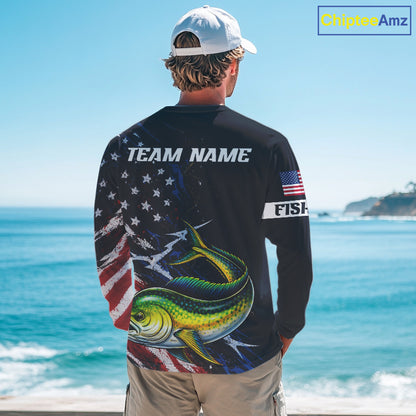 Mahi Mahi Fishing Shirts Long Sleeve American USA Flag Camo Custom Name, Fishing Jersey For Men NHT960