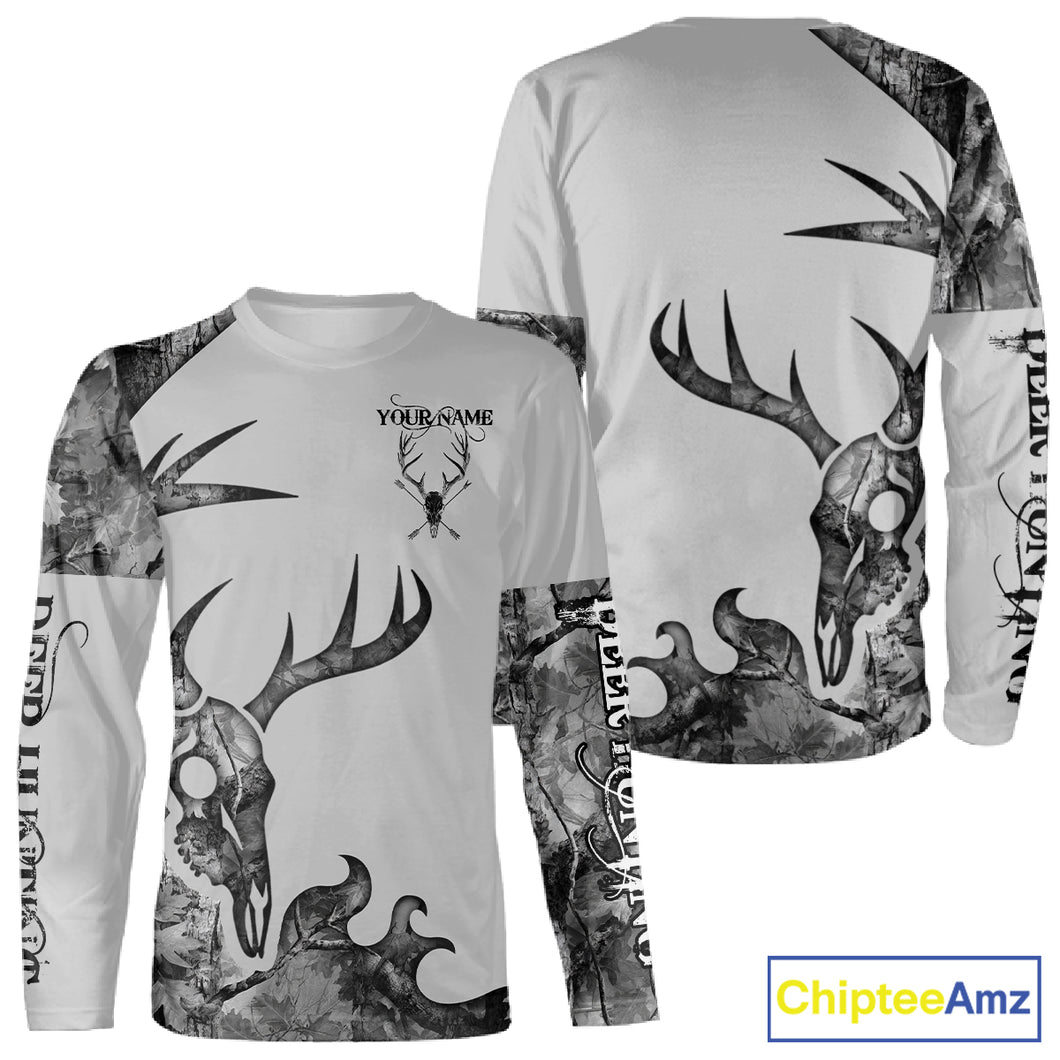 Deer Hunting Shirt Best 3D All Over Print Skull Deer Personalized Name Gray Camo NHT62