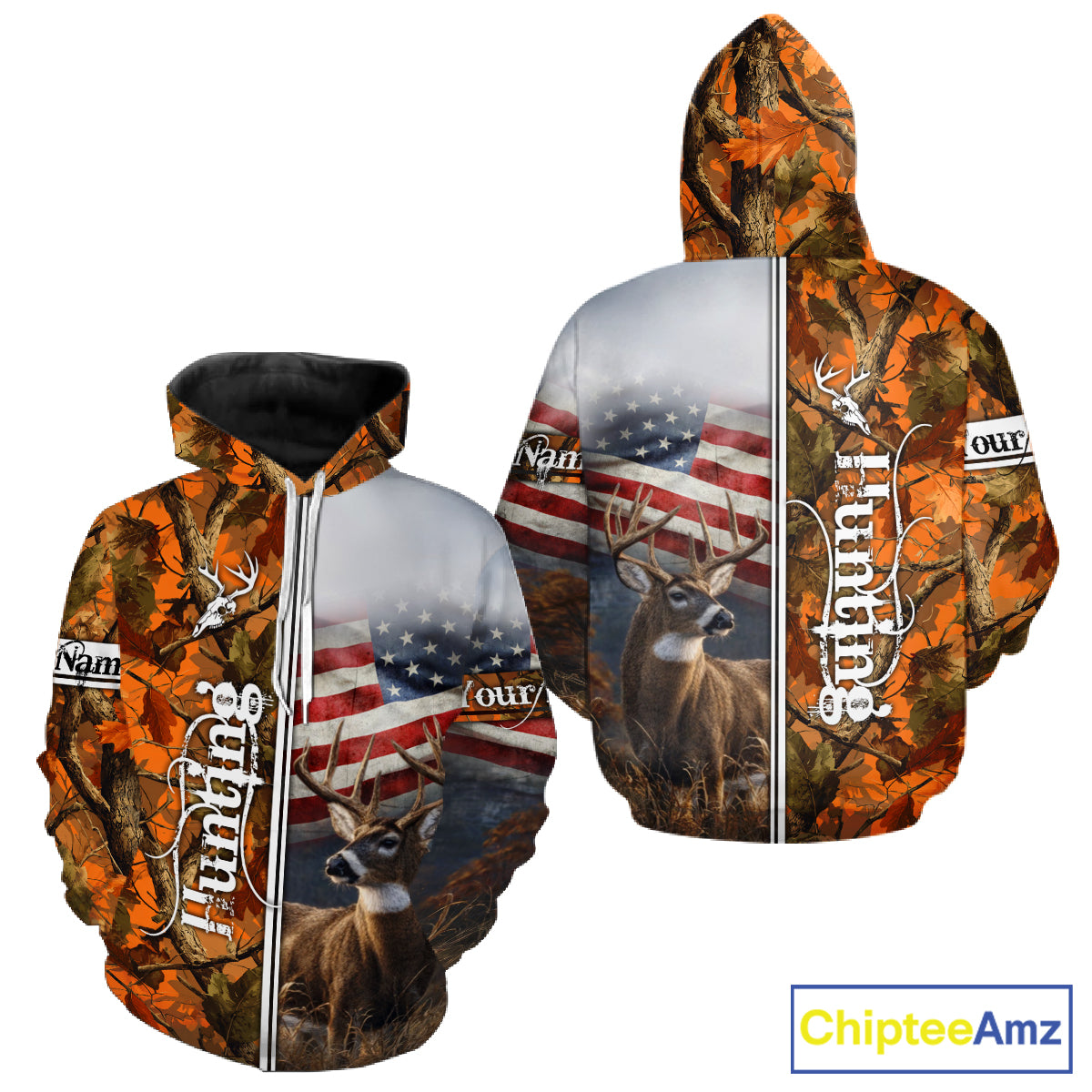 Custom Camouflage Deer Hunting With US Flag For Men, Hoodie Hunting Shirt NHT323