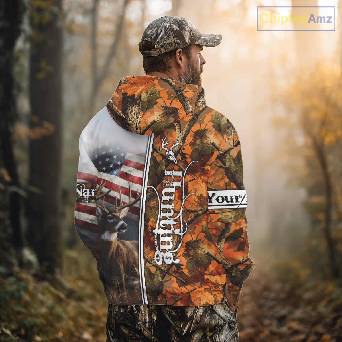 Custom Camouflage Deer Hunting With US Flag For Men, Hoodie Hunting Shirt NHT323