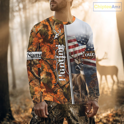 Custom Camouflage Deer Hunting With US Flag For Men, Hoodie Hunting Shirt NHT323