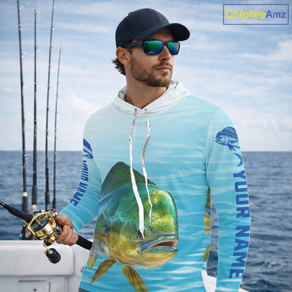 Hooded  Mahi Mahi Ocean Blue Performance Fishing Shirt, Mahi Mahi Tournament Fishing Shirts NHT615
