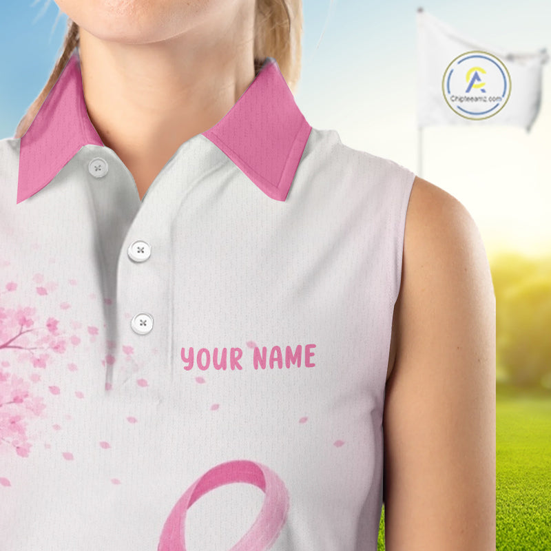 Breast Cancer Awareness Pink Ribbon Women's Sleeveless Golf Polo & Cherry Blossom Personalized Name Lady Golfer