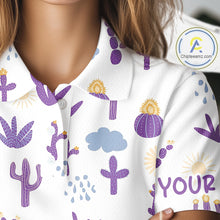 Load image into Gallery viewer, Custom Purple Cactus Women's Golf Polo Shirt - Personalized Desert Pattern Performance Golf Jersey