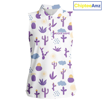 Custom Purple Cactus Women's Sleeveless Golf Polo Shirt - Personalized Desert Pattern Performance Golf Jersey NHT980 - Wom...