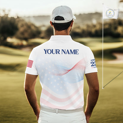 Man on a golf course wearing a white polo shirt with 'Your Name' printed on the back.