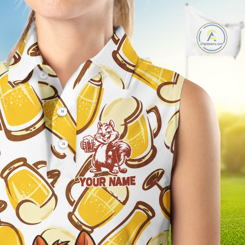 Custom Funny Squirrel Women's Sleeveless Golf Polo Shirts - Personalized Beer Lover Performance Jersey NHT986