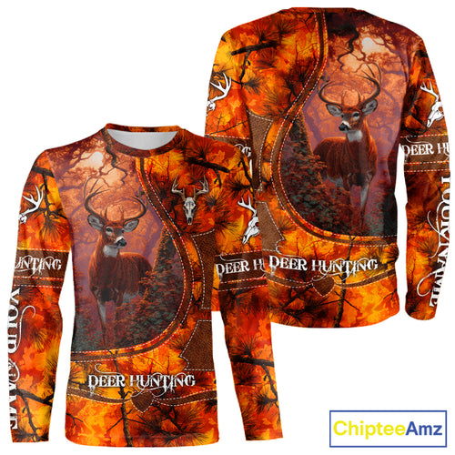 Whitetail Deer Hunting Shirt With Orange Camo Pattern And Skull Design For Hunters NHT77