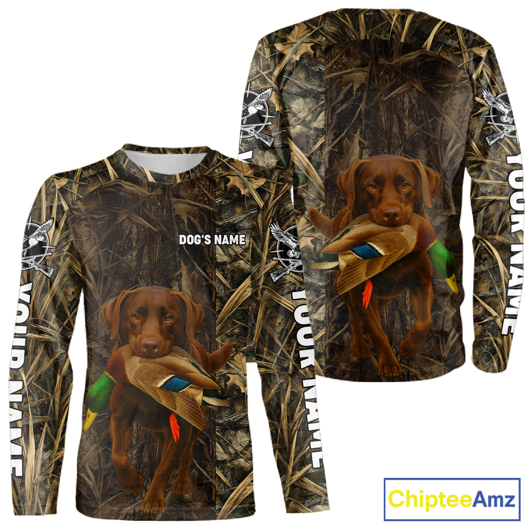 Personalized Mallard Duck Hunting Shirt with Chocolate Lab, Custom Dog’s Name Camouflage NHT264