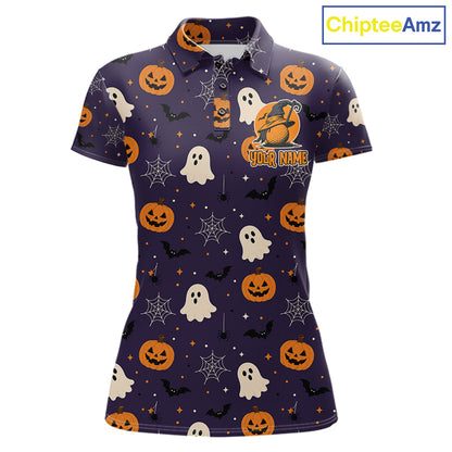 A women's short-sleeve polo shirt with a Halloween print on a dark purple background, featuring orange pumpkins, white ghosts, black bats, and spiderwebs. It has a custom name graphic on the left chest and a 'ChipteeAmz' logo in the top right corner.
