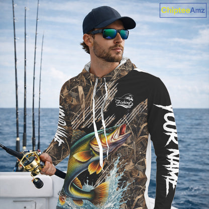 Walleye Fishing Shirts Long Sleeve Hooded Camouflage For Men, Walleye Fishing Apparel NHT434