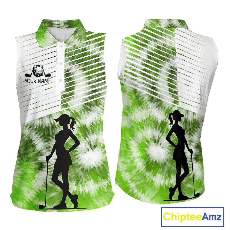 White And Green Womens Tie Dye Sleeveless Golf Polo Shirts Custom Golf Human Golf Team Polo Shirts NHT622