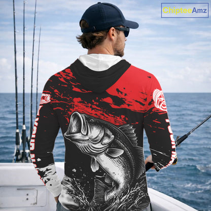 Custom Bass Fishing Jersey, Black And Red Bass Long Sleeve With Hood Tournament Fishing Shirts NHT492