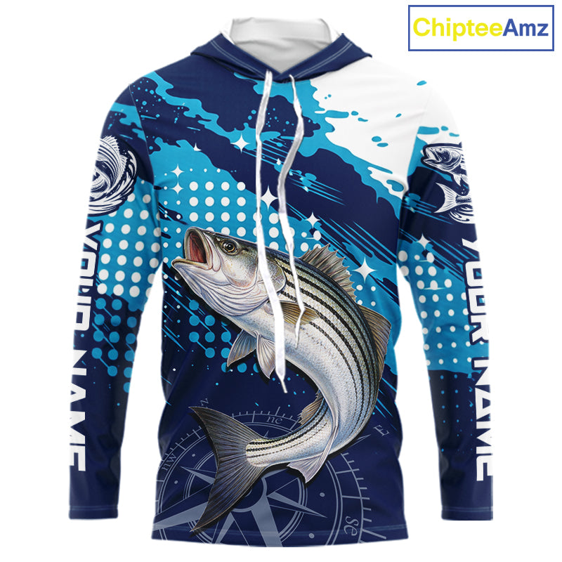Custom Striped Bass Long Sleeve Hooded Fishing Shirts For Men, Design Striped Bass Fishing Jerseys NHT635