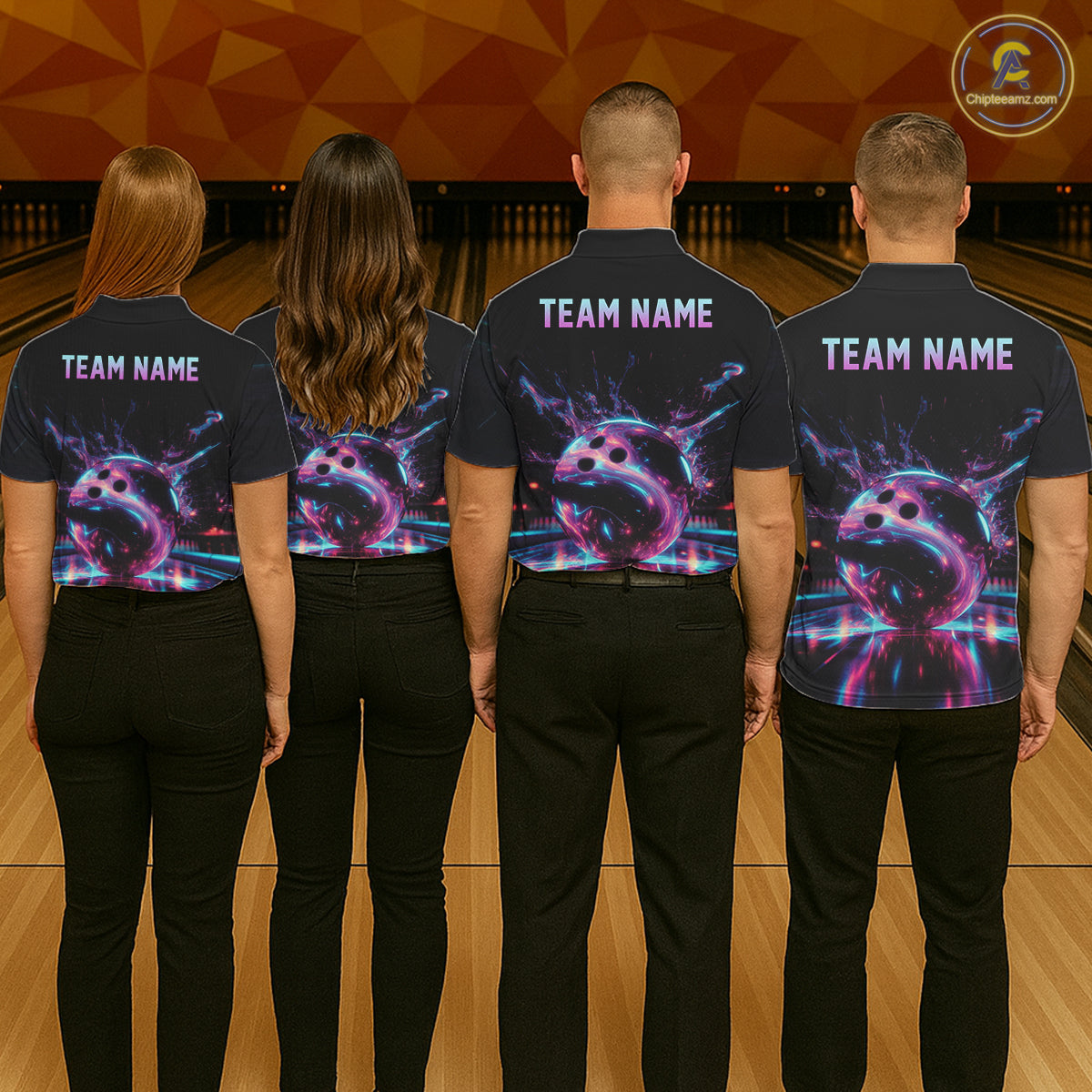 Custom Neon Glow Women Bowling Jersey, Personalized Purple Cyan Light Polo & Quarter-Zip Shirt NHT1170