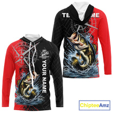 Load image into Gallery viewer, Personalized Bass Hooded Performance Fishing Shirts , Red Camo Bass Compass Tournament Shirts NHT495