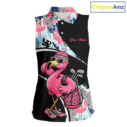 Funny Pink Flamingo Pattern Tropical Flamingo Sleeveless Womens Golf Polo Shirt, Custom Flamingo Golf Shirt For Team NHT653