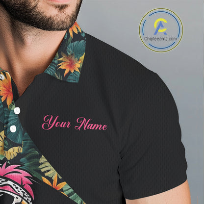 Funny Pink Flamingo Green Tropical Golf Polo Shirt For Men, Custom Flamingo Golf Shirt For Team NHT656