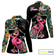 Load image into Gallery viewer, Funny Pink Flamingo Green Tropical Golf Polo Shirt For Womens, Custom Flamingo Golf Shirt For Team NHT656