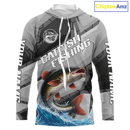 Gray Camo Custom Catfish Fishing Shirts Long Sleeve, Catfish Fishing Jerseys For Men NHT445