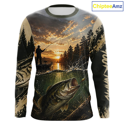 Personalized Bass Fishing Shirt – Angler Sunset Lake Design, Outdoor Fishing Apparel Gift For Dad NHT866