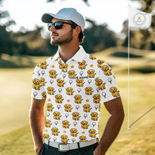 Load image into Gallery viewer, Man wearing a white polo shirt with yellow dog pattern on a golf course