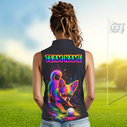 Personalized Womens Sleeveless Chihuahua Playing Golf Button Down Shirt - Custom Dog Lover Team Jersey NHT1012
