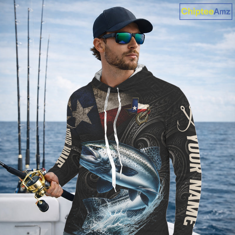 Personalized Texas Chinook Salmon Hooded Fishing Shirt – Custom Name Angler Apparel For Fishermen