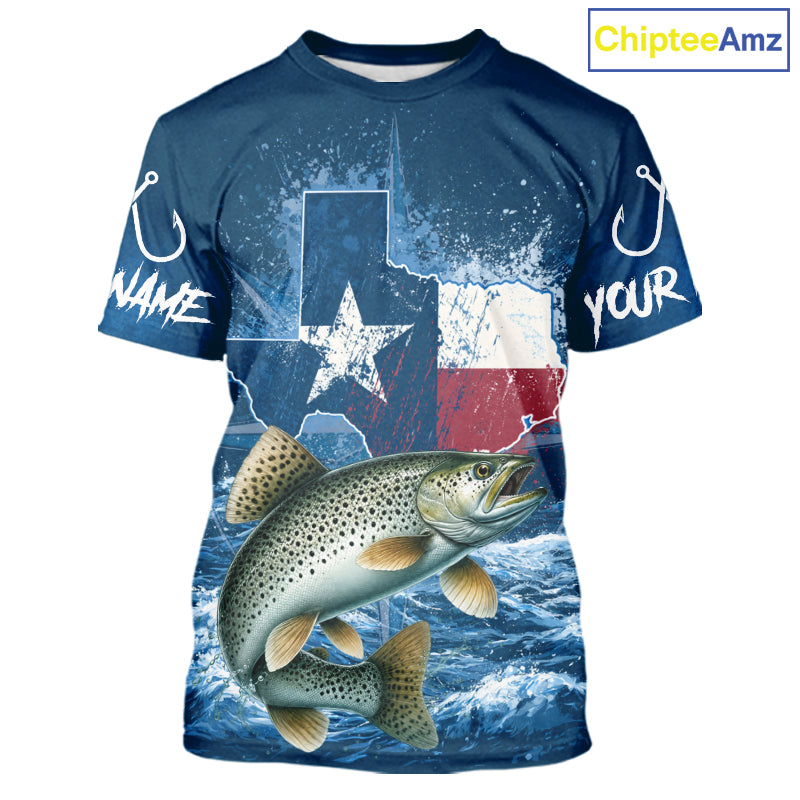 Texas Flag Speckled Trout Fishing Jersey Short Sleeve Fishing T-Shirts , Saltwater Angler Gift For Men 