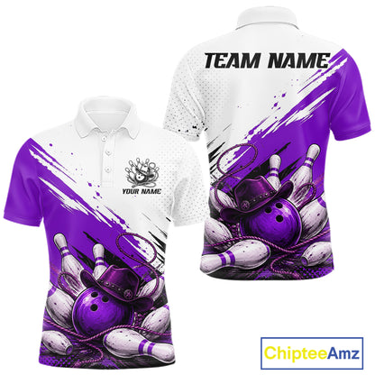 Front and back views of a short-sleeve polo shirt on a white background. The shirt features a white upper chest and collar, a purple and white brushstroke pattern across the sleeves and body, and a bowling-themed graphic with purple bowling balls, pins, and a cowboy hat near the hem.