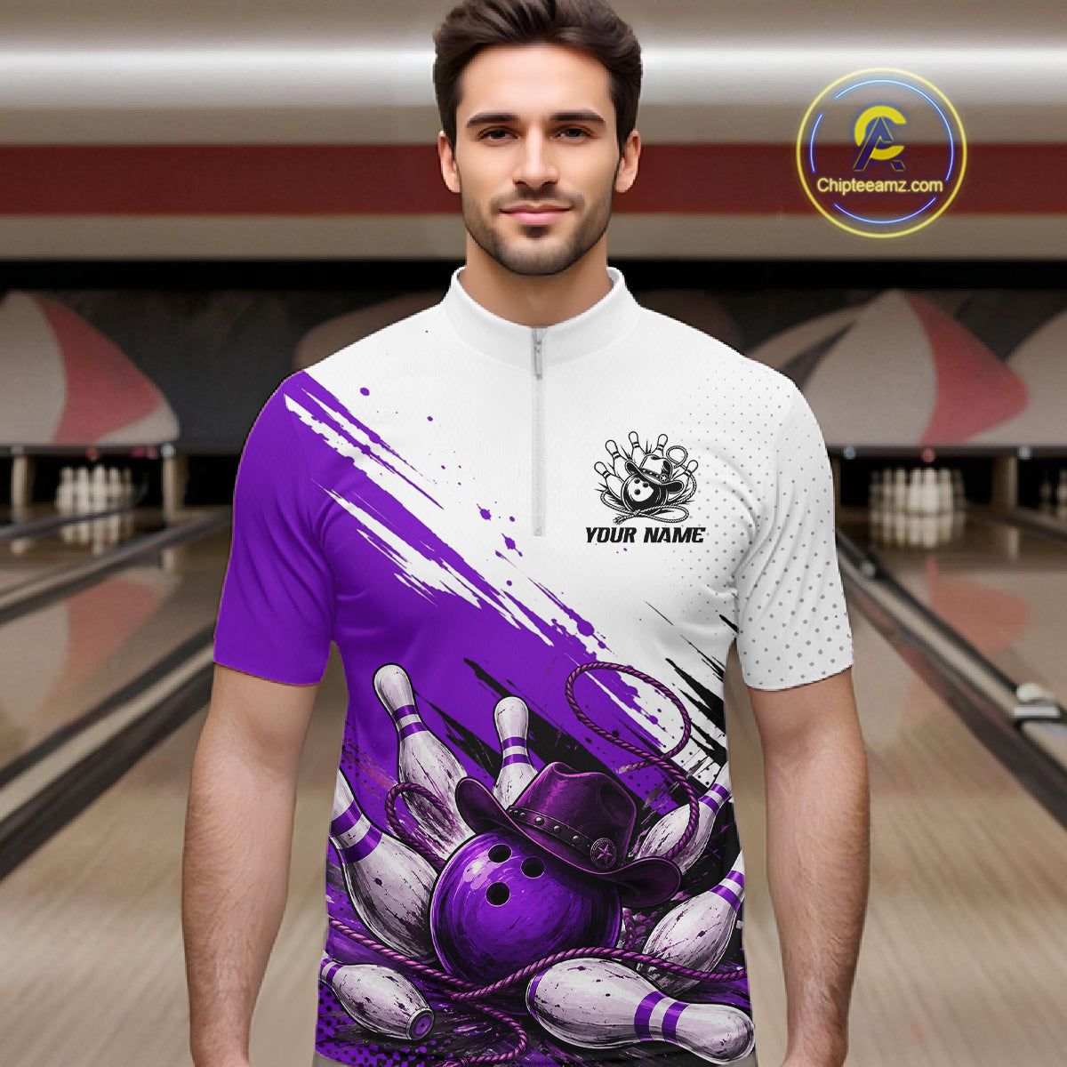 Cowboy Men Bowling Custom Name Polo Shirt, Personalized Team 1/4 Zip Bowling Jersey Gift|Purple NHT1326