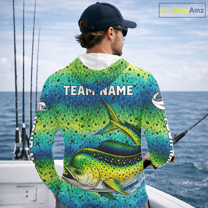 Mahi Mahi Fishing Team Jerseys, Mahi Mahi Fishing Shirts Long Sleeve Hooded Green Camo  NHT614